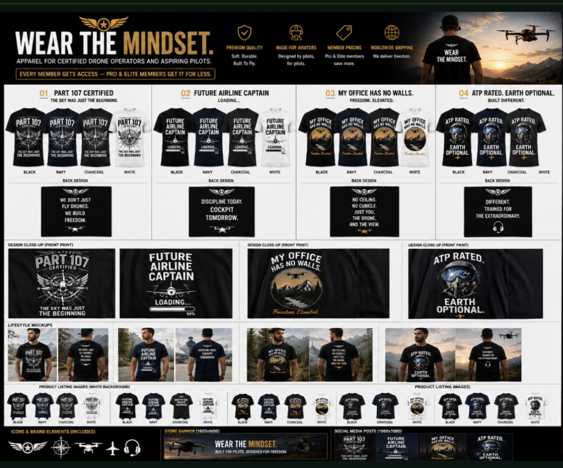 Preview board for OakSphere aviation apparel featuring Part 107, future airline captain, freedom, and ATP-rated designs